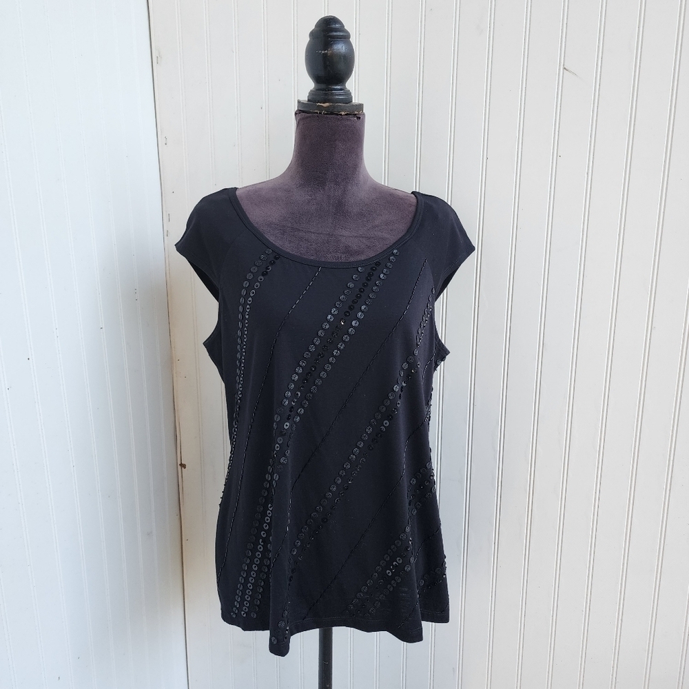 AB Studio Women's sdeeveless black tank Top Cap sleeve Sequins Stretch XL